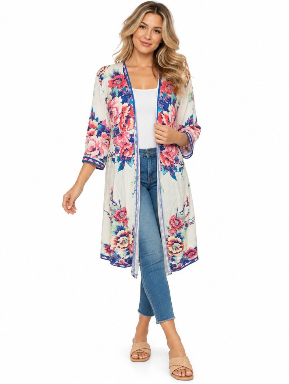 Flying Tomato Floral Kimono Cardigan Rayon Boho Duster S/M Open Front